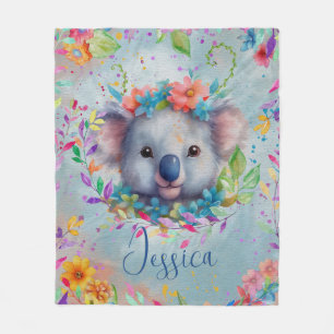 Cute Watercolor Koala with flowers Fleece Blanket