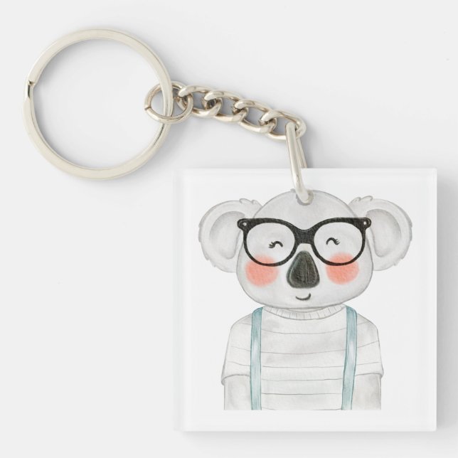 Cute Watercolor Koala with Glasses Keychain (Front)