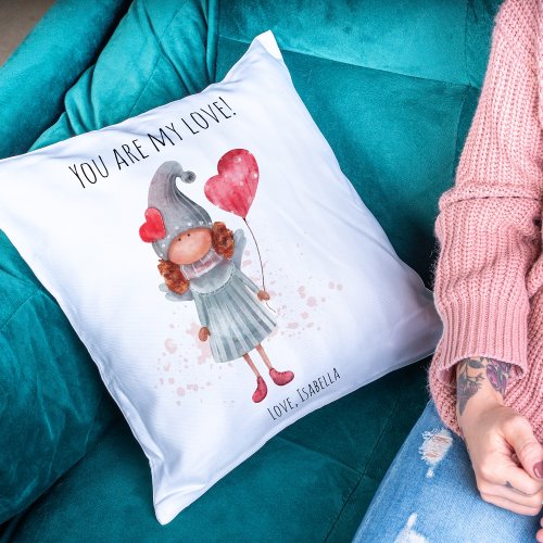 Cute Watercolor Lady Gnome Pun Valentine Throw Pillow