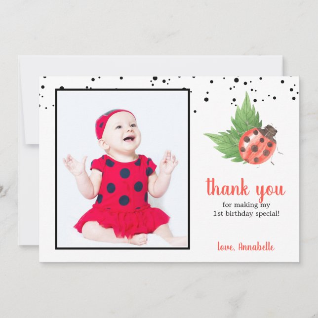 Cute Watercolor Ladybug 1st Birthday Thank You Card (Front)