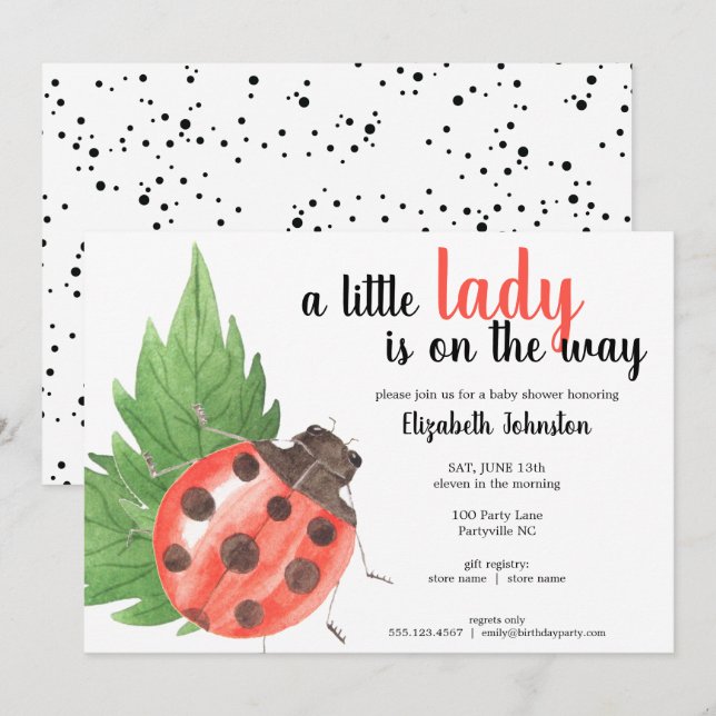 Cute Watercolor Ladybug Baby Shower Invitation (Front/Back)
