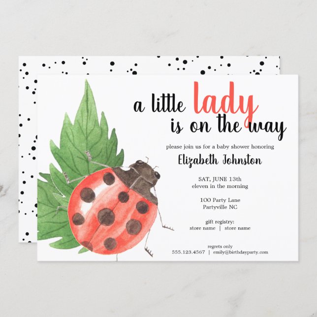 Cute Watercolor Ladybug Baby Shower Invitation (Front/Back)