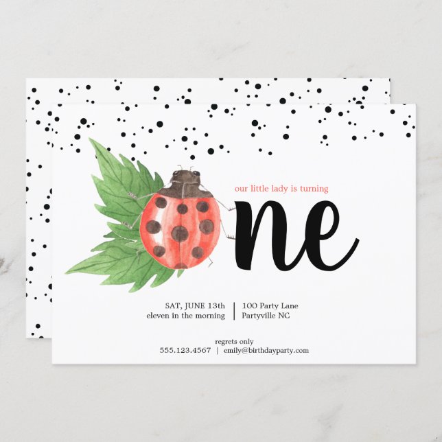 Cute Watercolor Ladybug First Birthday Invitation (Front/Back)