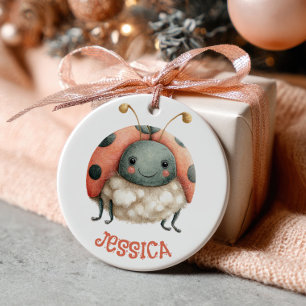 Cute Watercolor Ladybug Pattern with Photo Pastel Ceramic Ornament