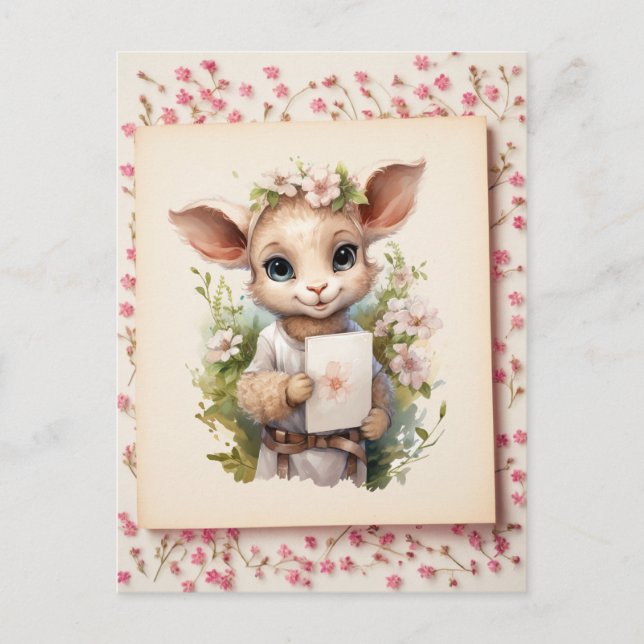 Cute Watercolor Lamb holding a letter -  Postcard (Front)