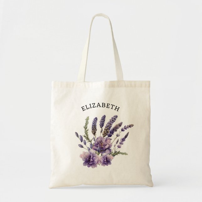 Cute Watercolor Lavender Flowers Personalized Tote Bag (Front)