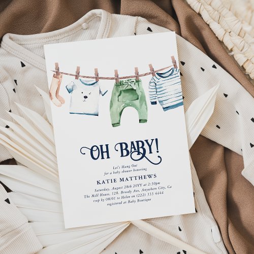 Cute Watercolor Lets Hang Out Boy Oh Baby Shower Invitation