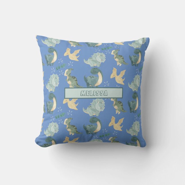 Cute Watercolor Light Blue Dinosaur Pattern Throw Pillow (Front)