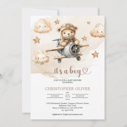 Cute watercolor light brown hues teddy bear pilot invitation