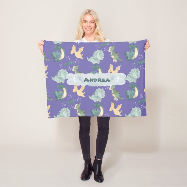 Cute Watercolor Light Purple Dinosaur Horizontal Fleece Blanket (In Situ)