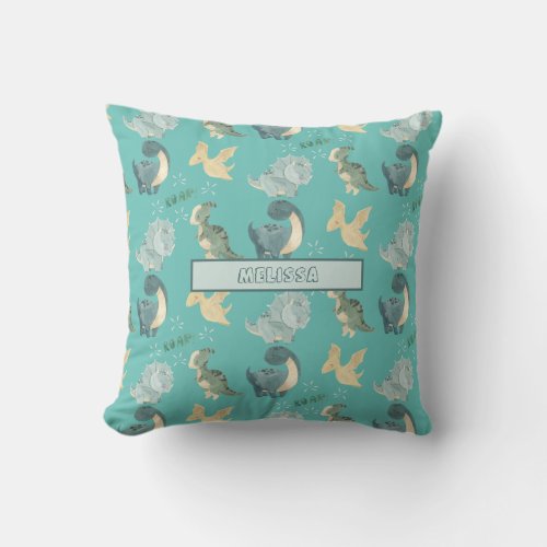 Cute Watercolor Light Teal Dinosaur Pattern Throw Pillow