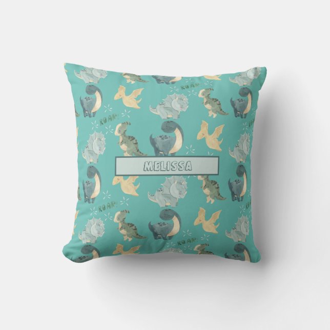 Cute Watercolor Light Teal Dinosaur Pattern Throw Pillow (Front)