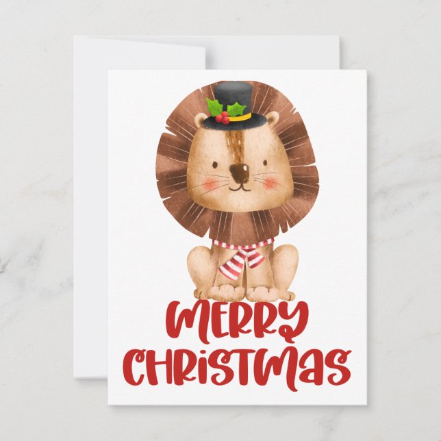 Cute Watercolor Lion Christmas Card (Front)