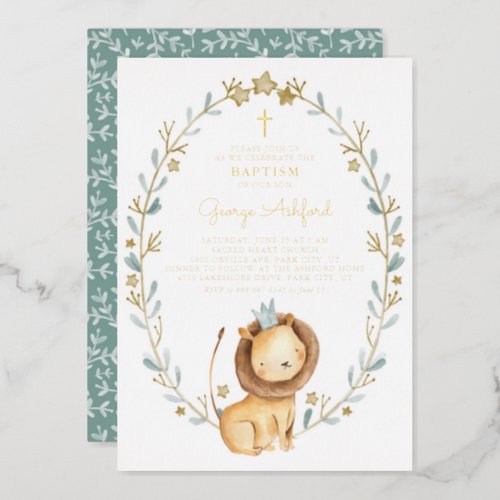 Cute Watercolor Lion Prince Baby Boy Baptism Foil Invitation