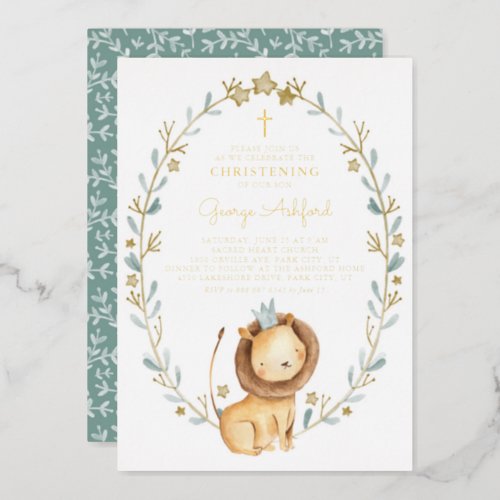 Cute Watercolor Lion Prince Baby Boy Christening Foil Invitation