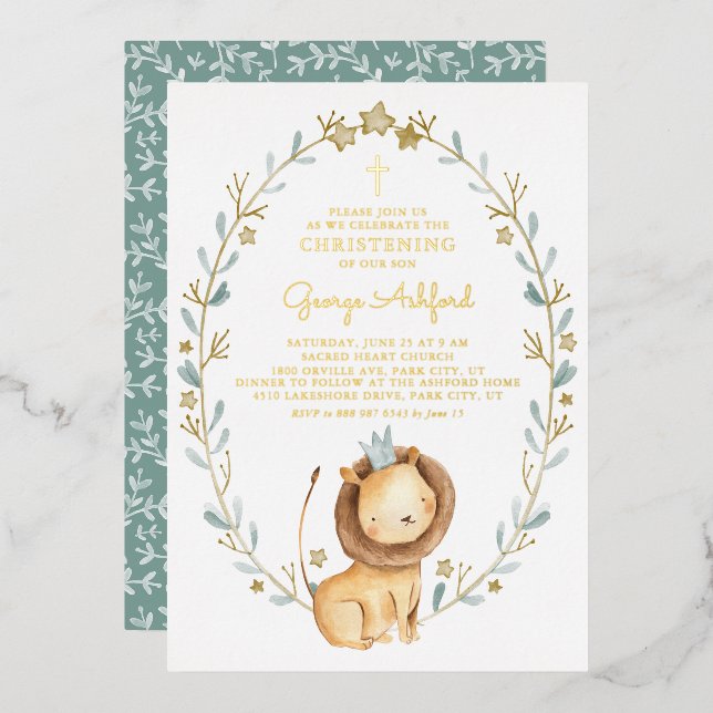 Cute Watercolor Lion Prince Baby Boy Christening Foil Invitation (Front/Back)