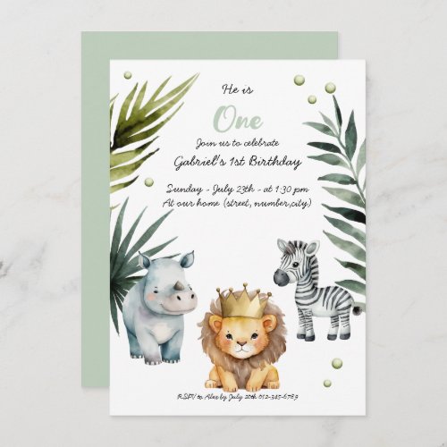 Cute Watercolor Lion Rhino and Zebra Safari theme Invitation