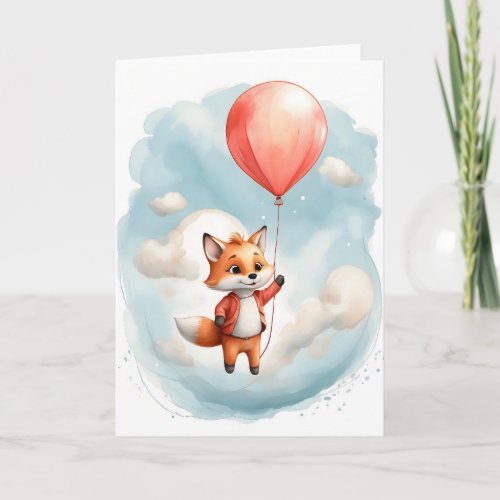 Cute Watercolor Little Fox Big Red Balloon Blank Card