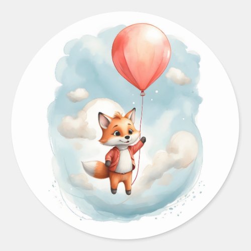 Cute Watercolor Little Fox Big Red Balloon  Classic Round Sticker
