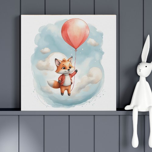 Cute Watercolor Little Fox Big Red Balloon Nursery Faux Canvas Print