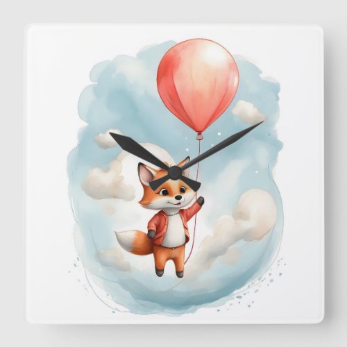 Cute Watercolor Little Fox Big Red Balloon Nursery Square Wall Clock