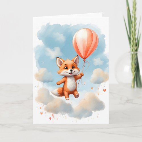Cute Watercolor Little Fox Floating in Air Blank Card