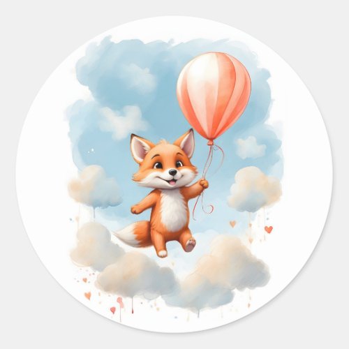 Cute Watercolor Little Fox Floating in Air  Classic Round Sticker