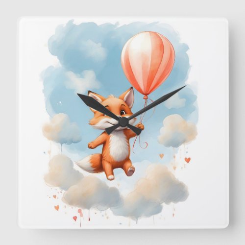 Cute Watercolor Little Fox Floating in Air Nursery Square Wall Clock