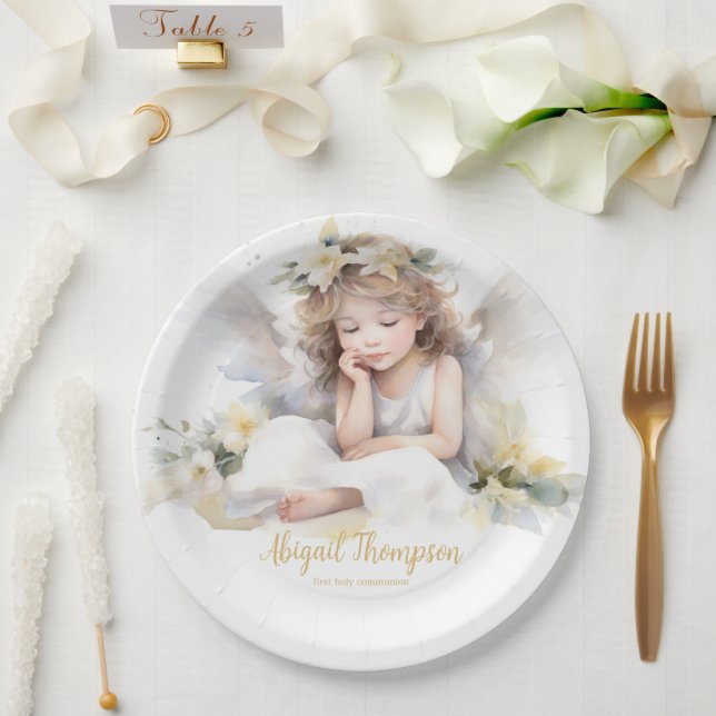 Cute Watercolor Little Girl Angel Religious Paper Plates (Wedding)