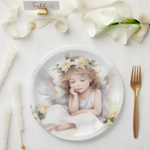 Cute Watercolor Little Girl Angel Religious Paper Plates