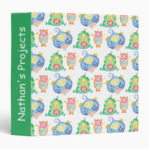 Cute Watercolor Little Monsters Pattern Name 3 Ring Binder