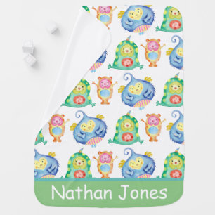Cute Watercolor Little Monsters Pattern Name Baby Blanket