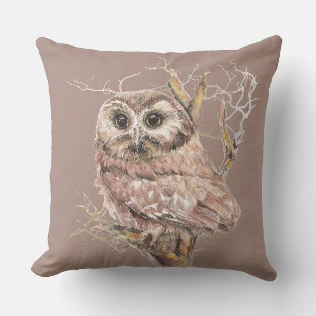 Cute Watercolor Little Owl Bird Nature Art Throw Pillow (Front)