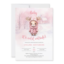 Cute watercolor little pink reindeer winter invitation