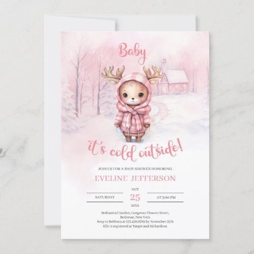 Cute watercolor little pink reindeer winter invitation