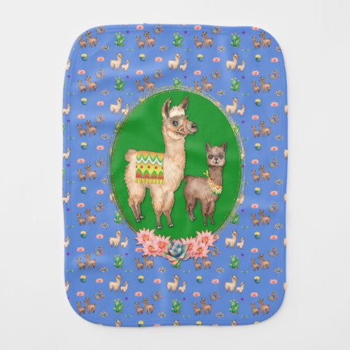 Cute Watercolor Llama Family Alpaca Pattern Blue Baby Burp Cloth