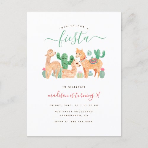 Cute Watercolor Llama Fiesta Kids Birthday Invitation Postcard