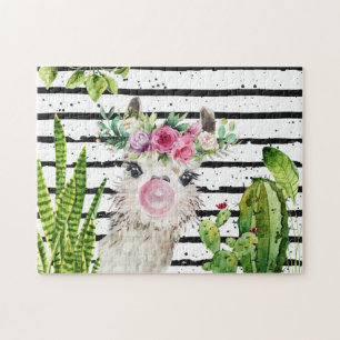 Cute Watercolor Llama   Floral Cactus & Stripes Jigsaw Puzzle