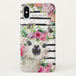 Cute Watercolor Llama | Floral &amp; Stripes Monogram iPhone XS Case