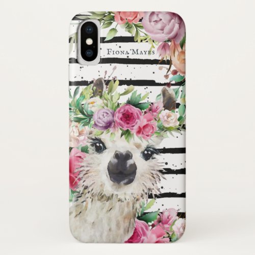 Cute Watercolor Llama  Floral  Stripes Monogram iPhone XS Case