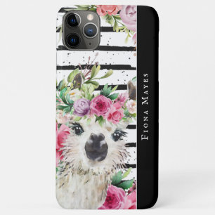 Cute Watercolor Llama Floral & Stripes Monogram iPhone 11 Pro Max Case