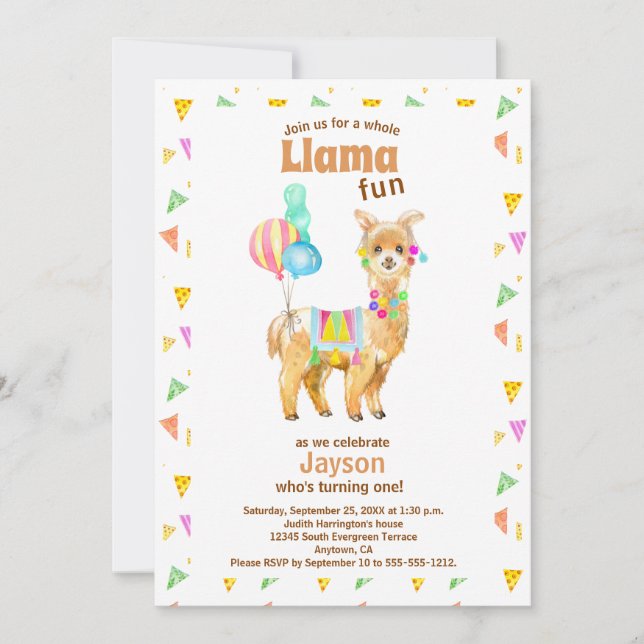 Cute Watercolor Llama Fun 1st Birthday Invitation (Front)