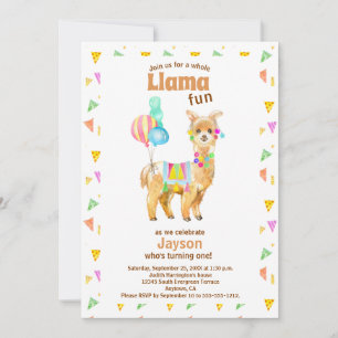 Cute Watercolor Llama Fun 1st Birthday Invitation