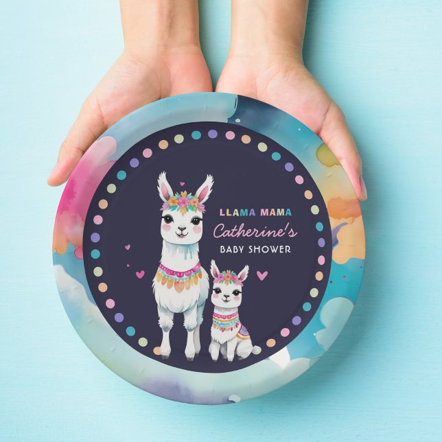 Cute Watercolor Llama Mama Mexican Baby Shower Paper Plates (Creator Uploaded)