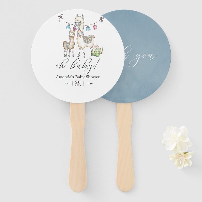 Cute Watercolor Llama themed Baby Shower Hand Fan (Front and Back)