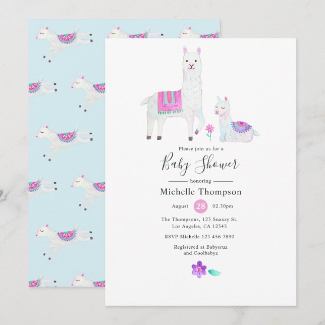 Cute Watercolor Llama themed Baby Shower Invitation (Front/Back)