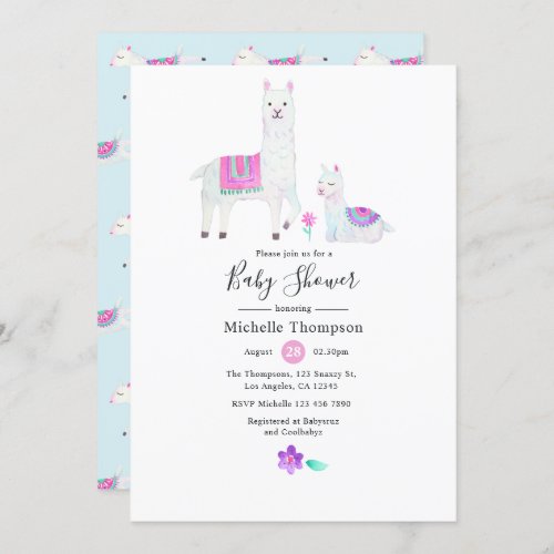 Cute Watercolor Llama themed Baby Shower Invitation