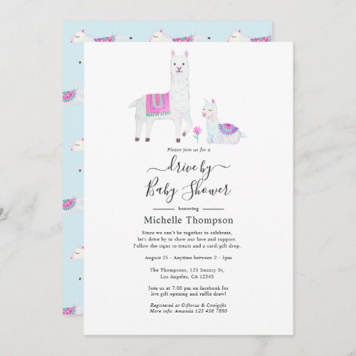 Cute Watercolor Llama themed Drive By Baby Shower Invitation