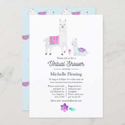 Cute Watercolor Llama themed Virtual Baby Shower Invitation