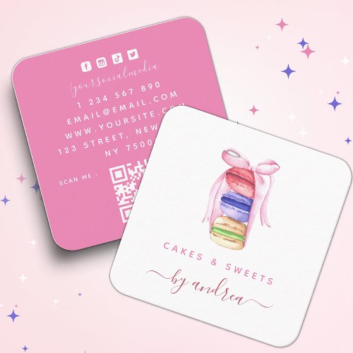 Cute Watercolor Macarons  Pink Ribbon QR Code Squ Square Business Card